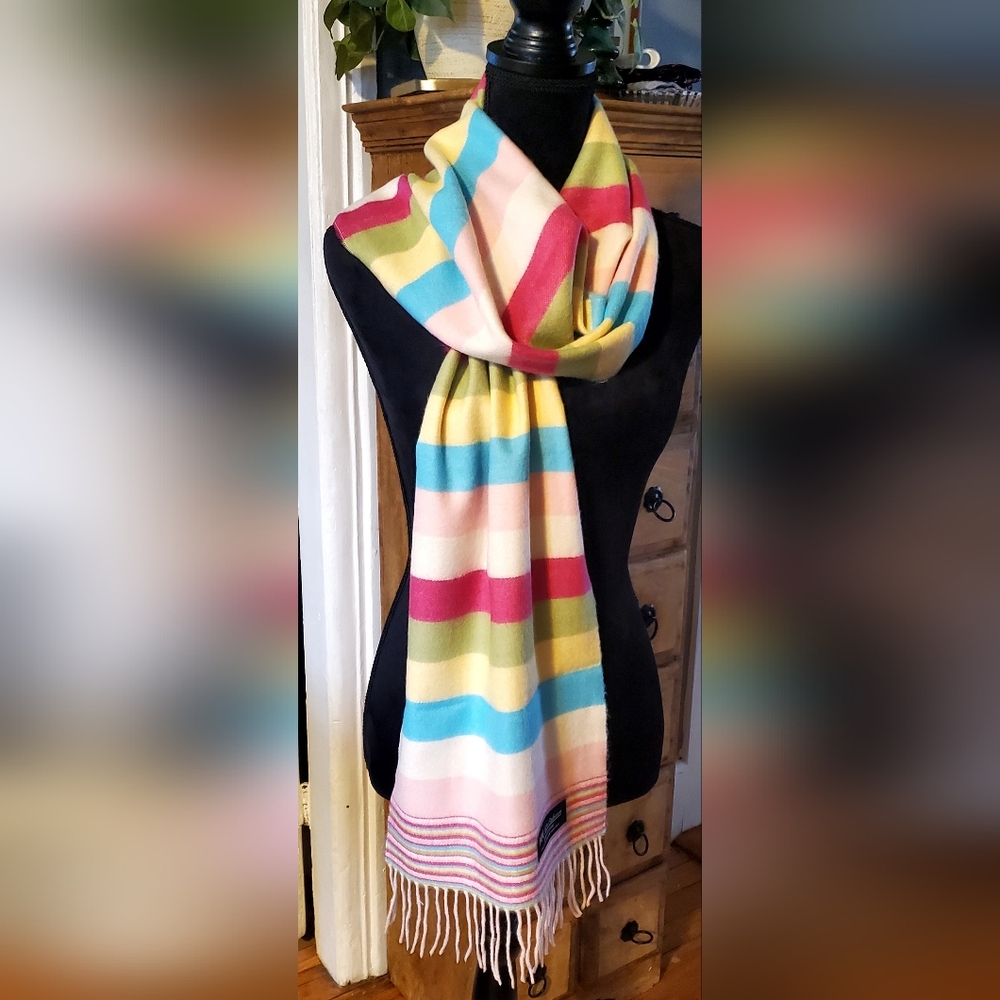 Made In Scotland 100% Cashmere Vibrant Multicolor Striped Women's Scarf
